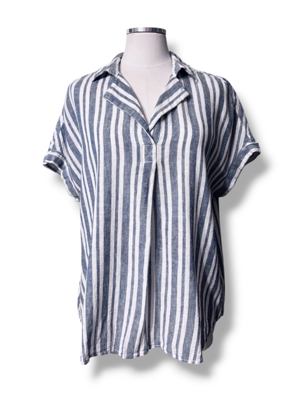 BEACHLUNCHLOUNGE Blue & White Striped Collared V Neck Linen Blend Top